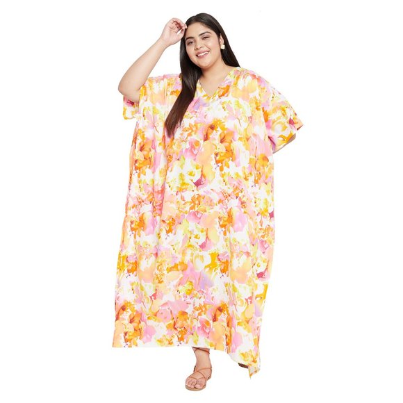 Gypsie Blu Lightweight Floral Printed Caftan Maxi Dress kimono sleeve Night Gown - Picture 4 of 9